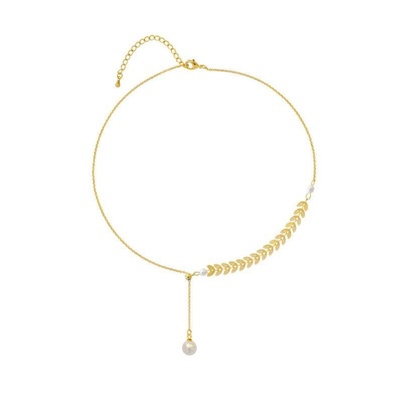 Wheat Leaves Pearl Necklace Gold Adjustable Stainless Steel