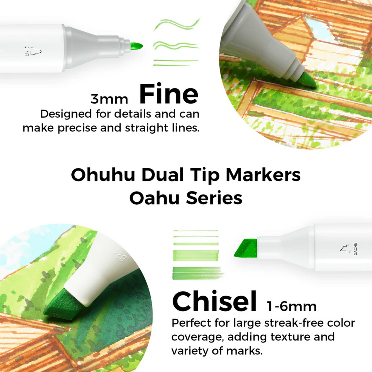 Ohuhu Oahu 100 Colors Dual Tips Alcohol Art Markers Fine & Chisel