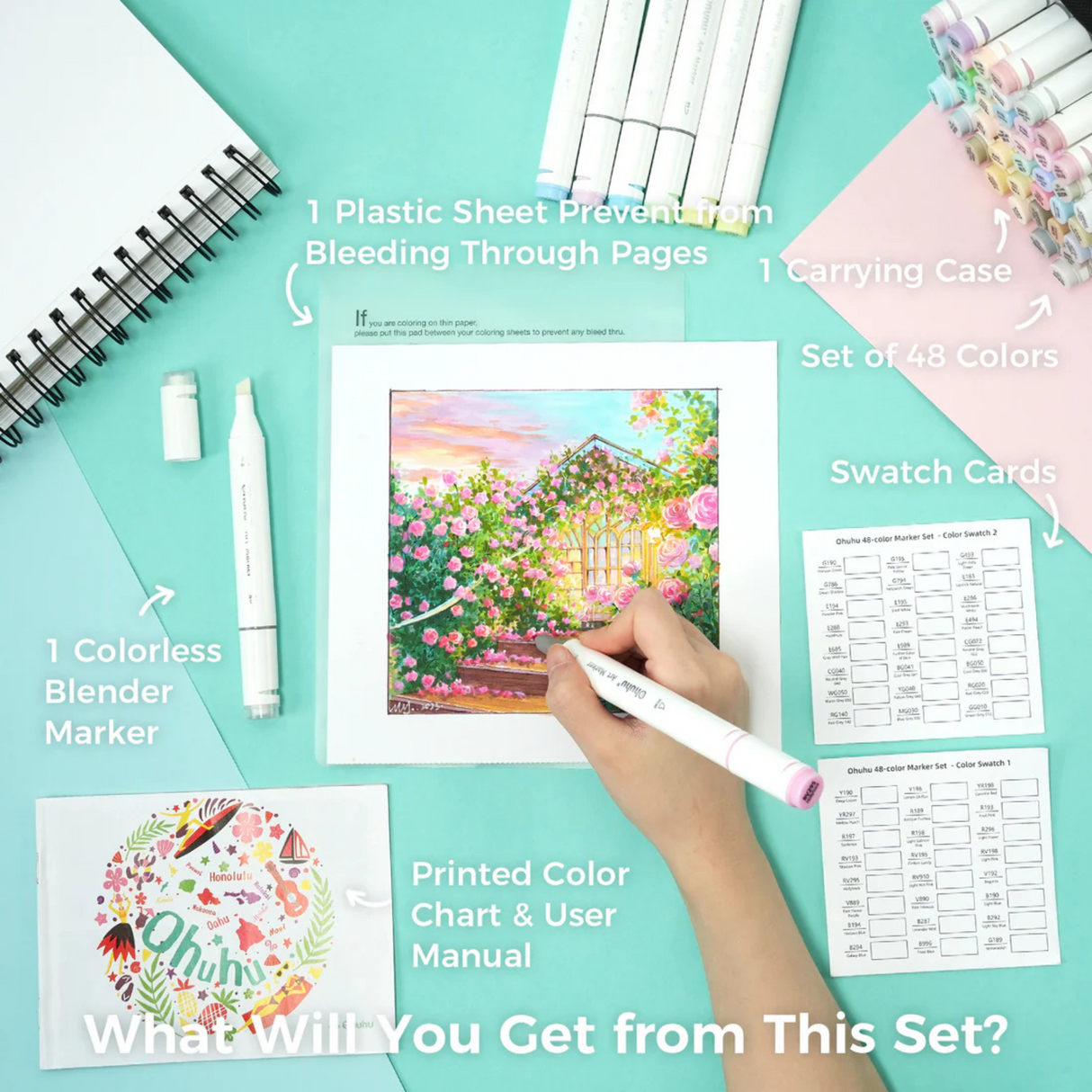 Ohuhu Oahu 48 Pastel Colors Dual Tips Alcohol Art Markers Fine & Chisel