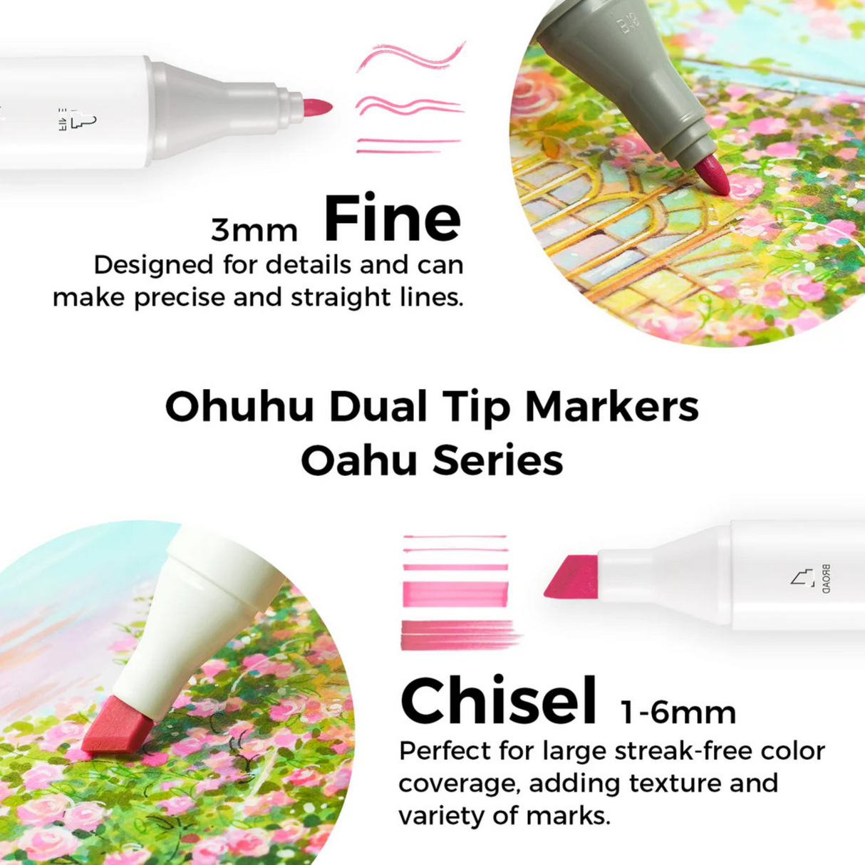 Ohuhu Oahu 48 Pastel Colors Dual Tips Alcohol Art Markers Fine & Chisel