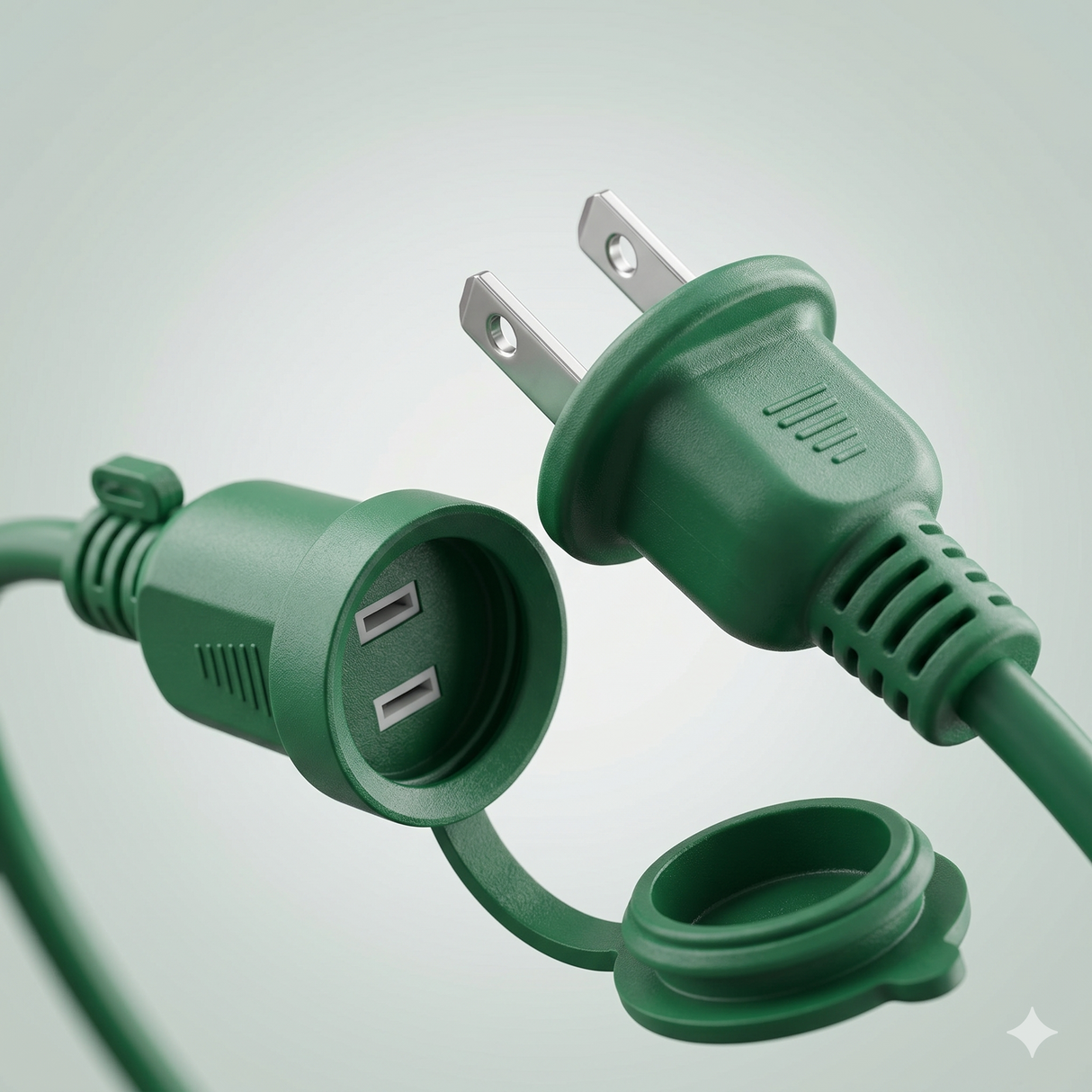 Close-up of outdoor extension cord plug and weatherproof outlet with protective cover