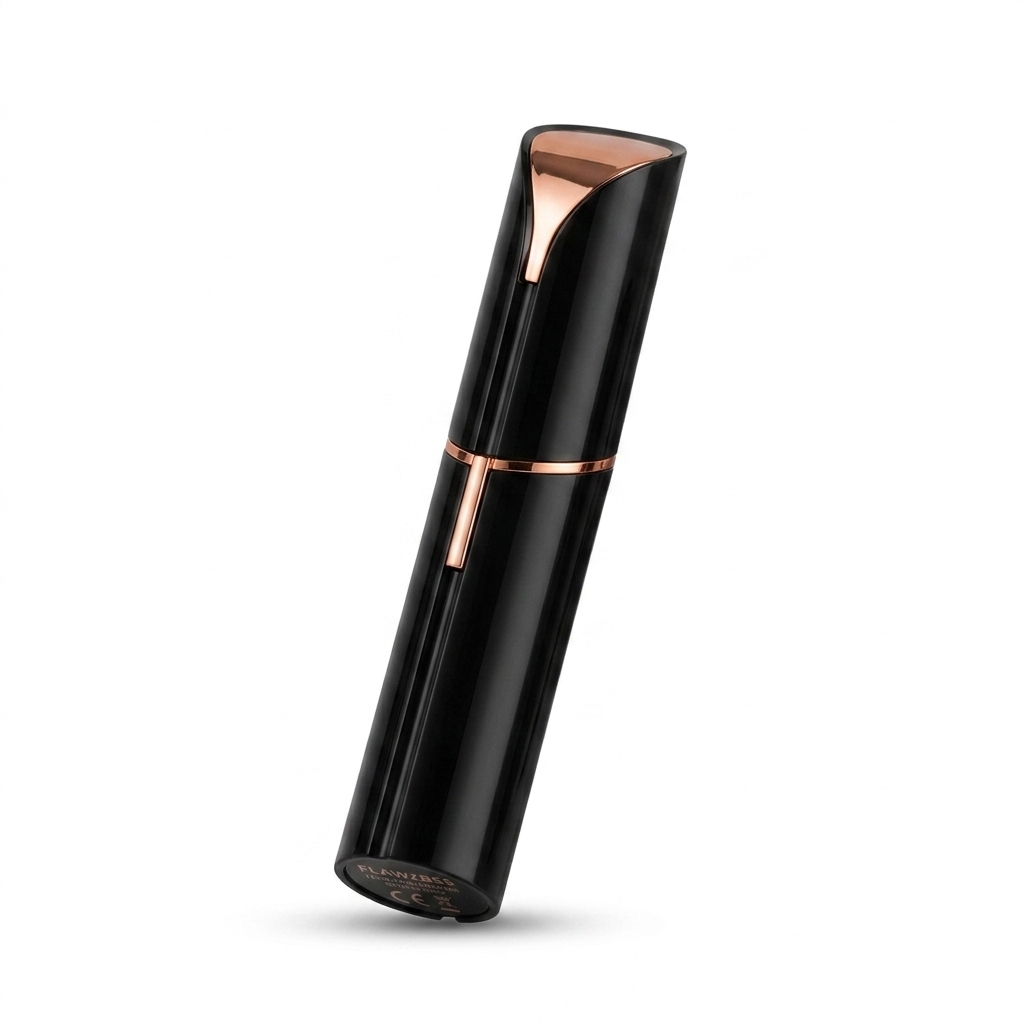 Black portable electric facial hair remover shown at an angle. Compact and stylish with a smooth glossy finish.