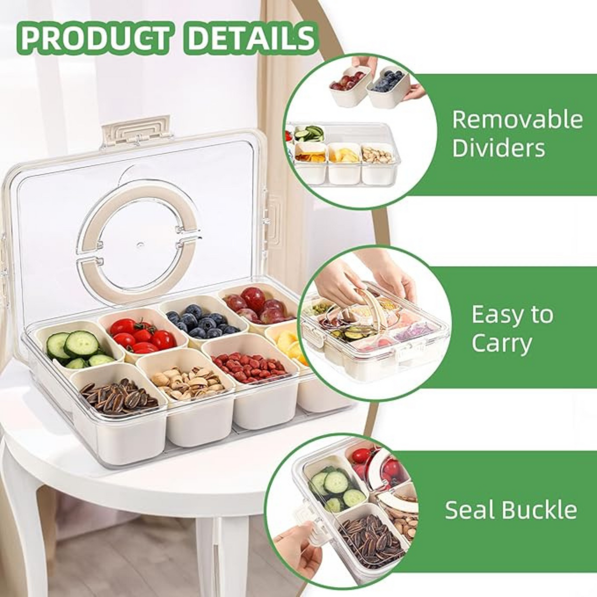 Portable Food Storage Container 8 Removable Compartments with Lid and Handle