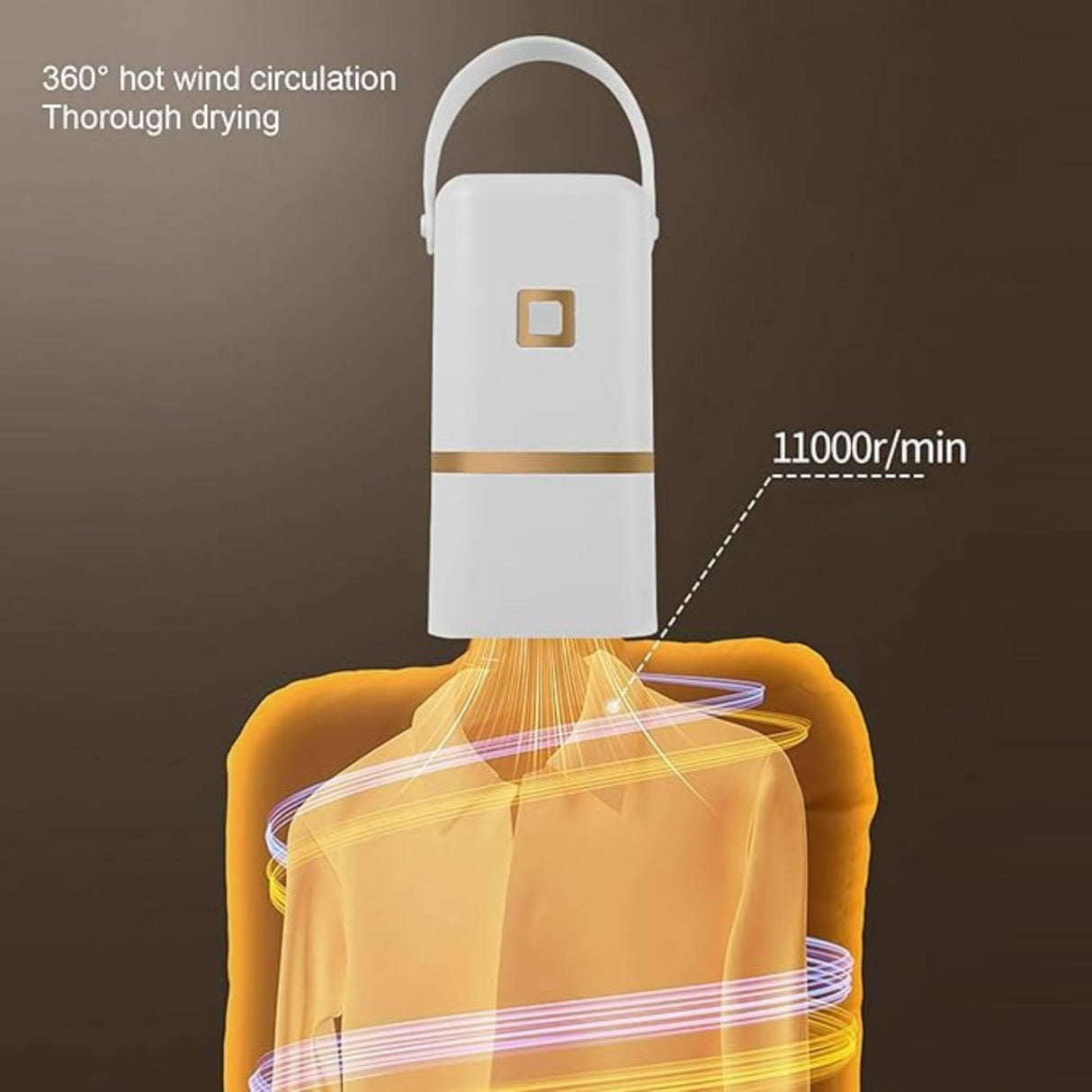 An image showing a white portable mini clothes dryer using 360° hot wind circulation and an 11,000 r/min motor to dry a yellow shirt.