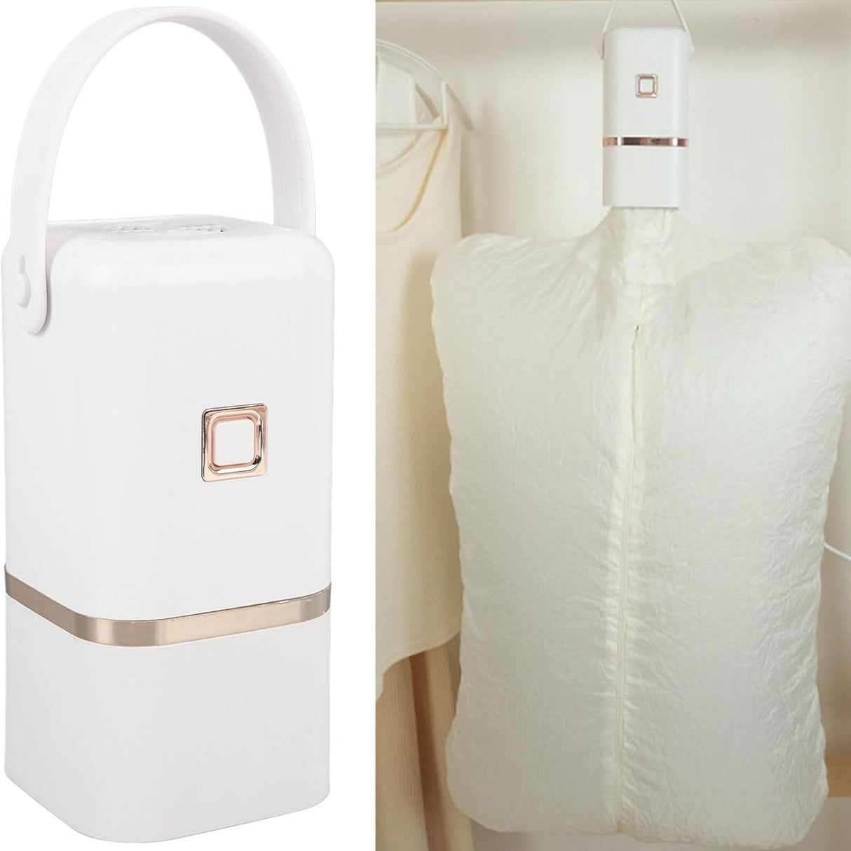 A side-by-side view showing the sleek white portable mini clothes dryer unit and the device in use hanging in a closet with its drying bag inflated.