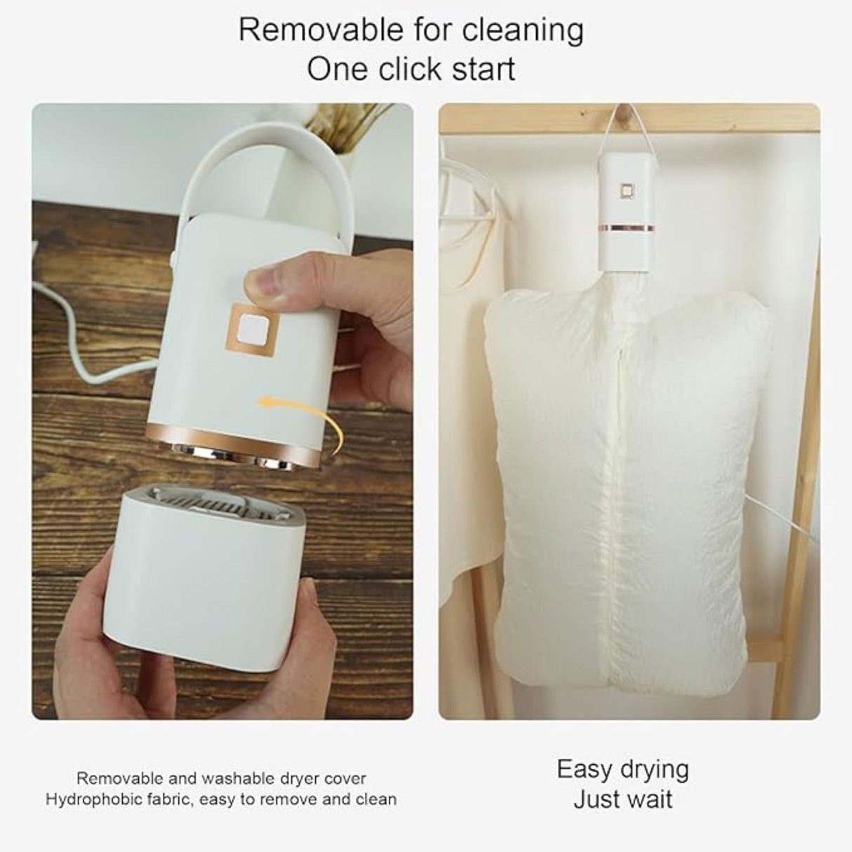 A side-by-side demonstration showing the portable mini clothes dryer being disassembled for cleaning and hanging while inflated to dry a garment effortlessly.