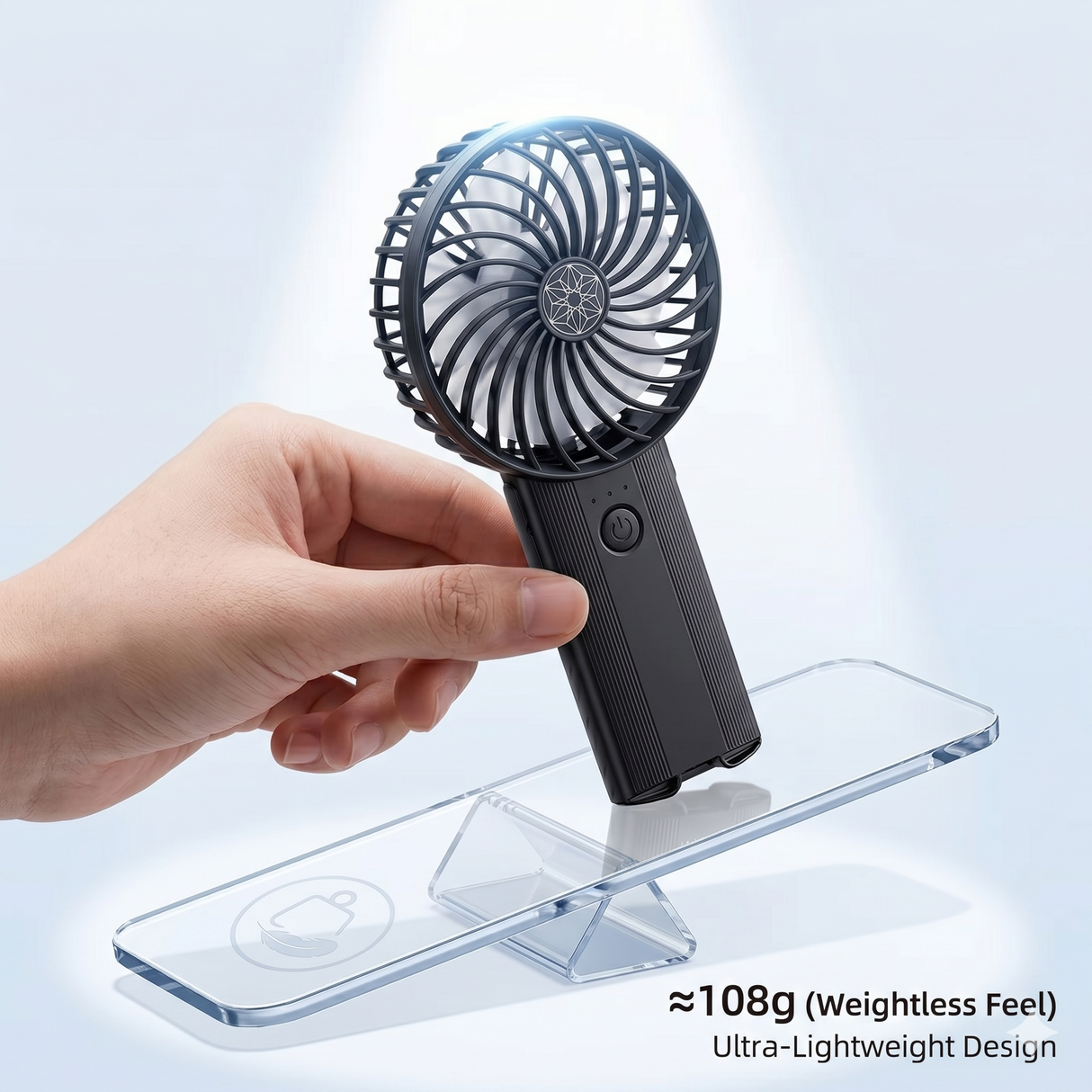 Portable handheld fan highlighting ultra-lightweight 108g design feature