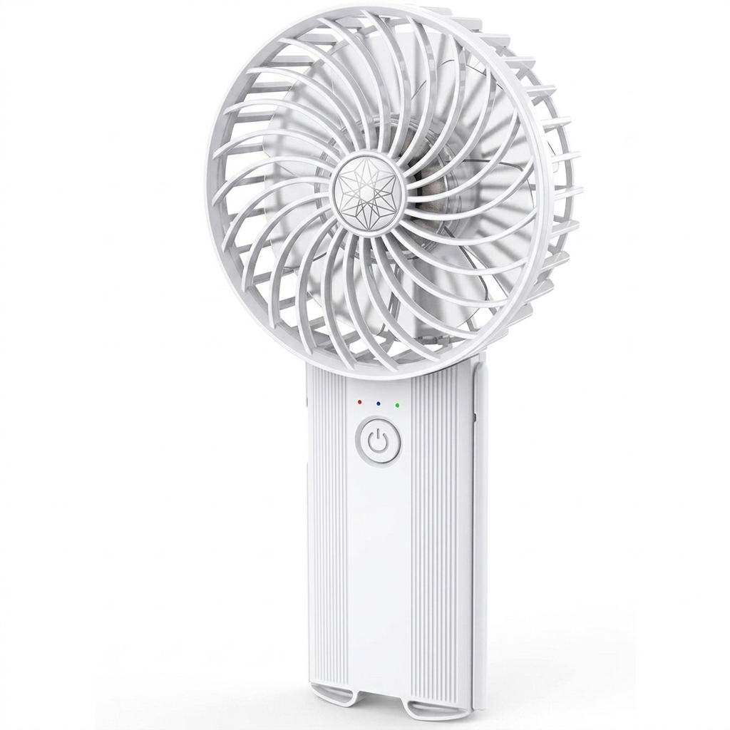 White handheld rechargeable fan with spiral grille and power button
