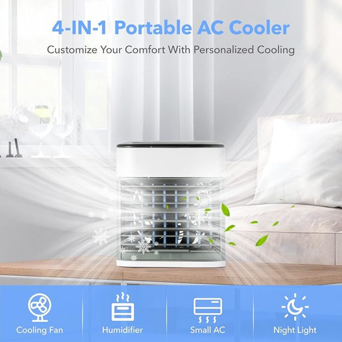 Portable USB air cooler with 4-in-1 functionality including fan, humidifier, and night light. Airflow illustration shows cooling and mist output.