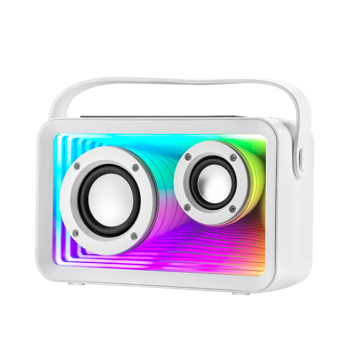 Portable Bluetooth speaker with RGB light panel and dual front drivers in white. Compact speaker with carry handle for easy use.