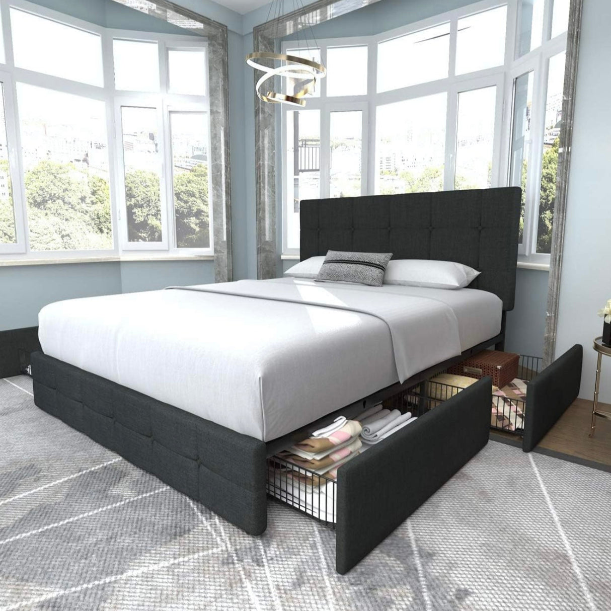 Queen Size Bed Frame with 4 Storage Drawers