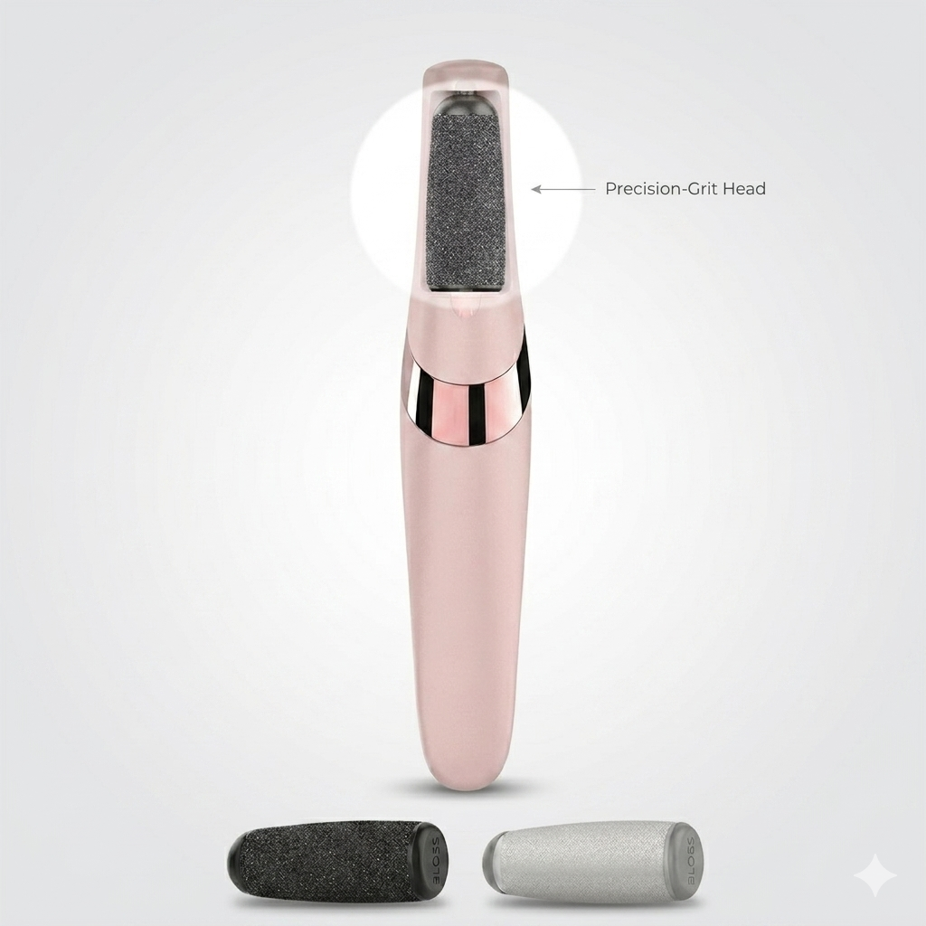 Electric callus remover with interchangeable precision grit heads displayed