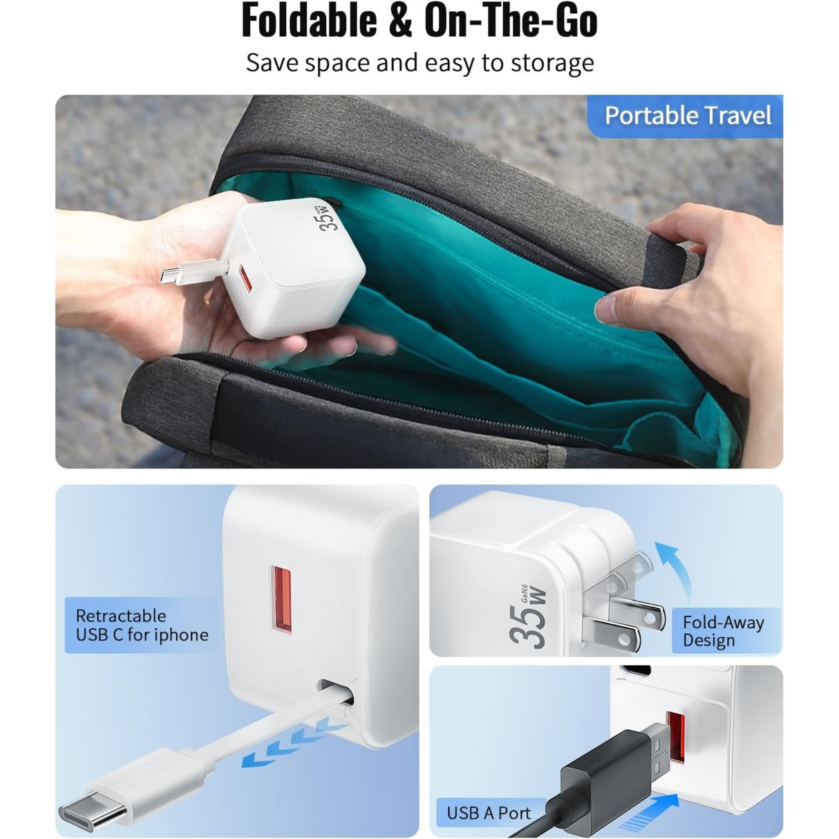 Retractable Wall Charger 35W Fast USB Charger Block with Type C Cable