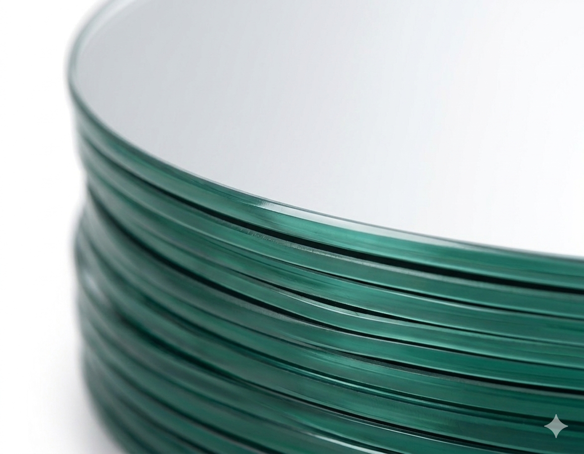 Close-up of stacked round mirror centerpiece trays showing smooth beveled glass edges