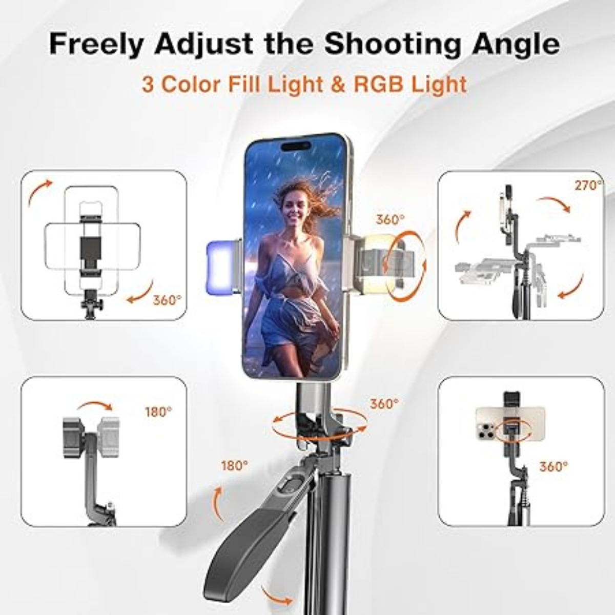 Selfie Stick Tripod with Remote 360° Rotating Balance Handle and RGB Light