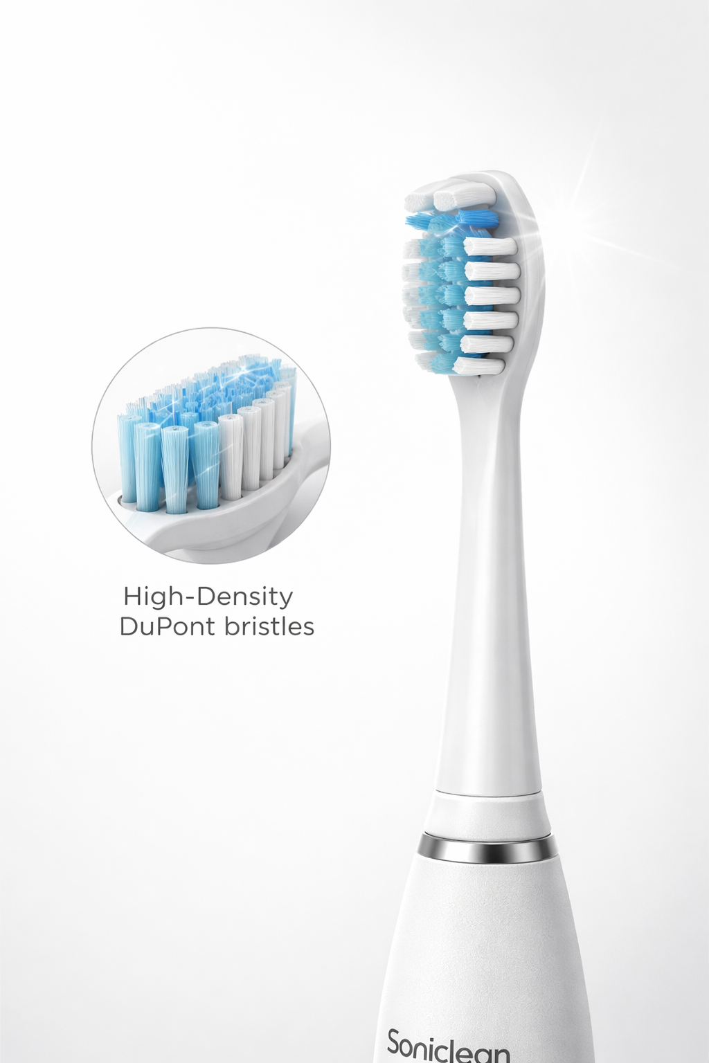 Electric toothbrush with high-density DuPont bristles close-up feature view