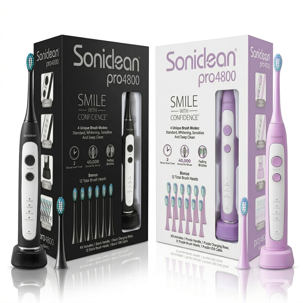 Two Soniclean Pro 4800 rechargeable toothbrushes are displayed side-by-side in their retail packaging, one in black and one in lilac. Each set includes the electric toothbrush handle on a charging base, a replacement brush head standing alongside, and a box highlighting features like "4 Unique Brush Modes" and "12 Total Brush Heads."