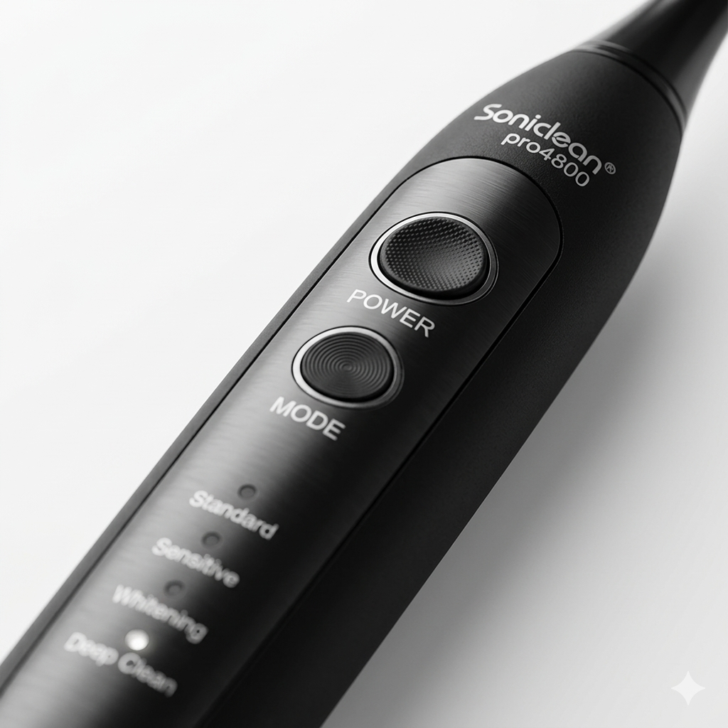 The sleek black handle of the Soniclean Pro 4800 toothbrush features a textured power button and a mode selection button for easy navigation. A bright LED indicator highlights the active "Deep Clean" setting among the four labeled modes, including Standard, Sensitive, and Whitening.