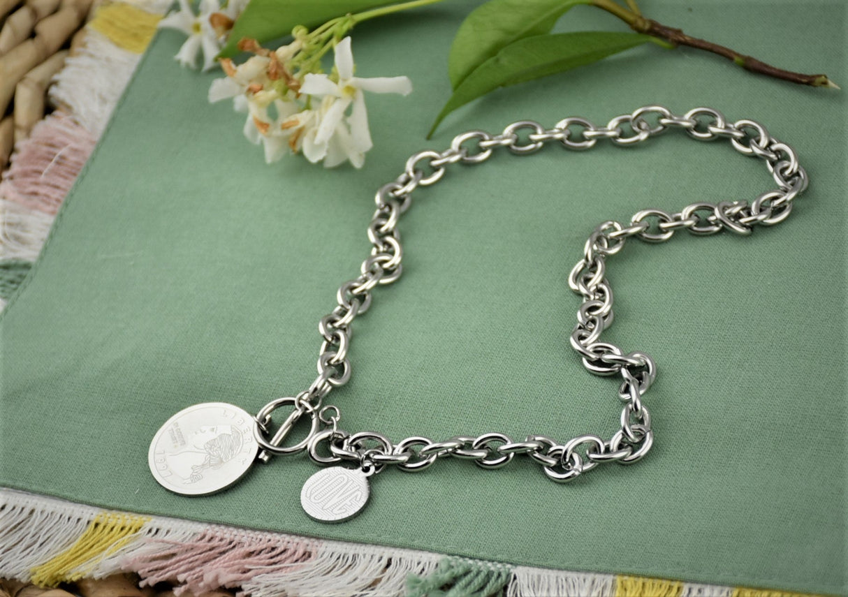 Liberty Coin Chunky Chain Toggle Necklace Stainless Steel