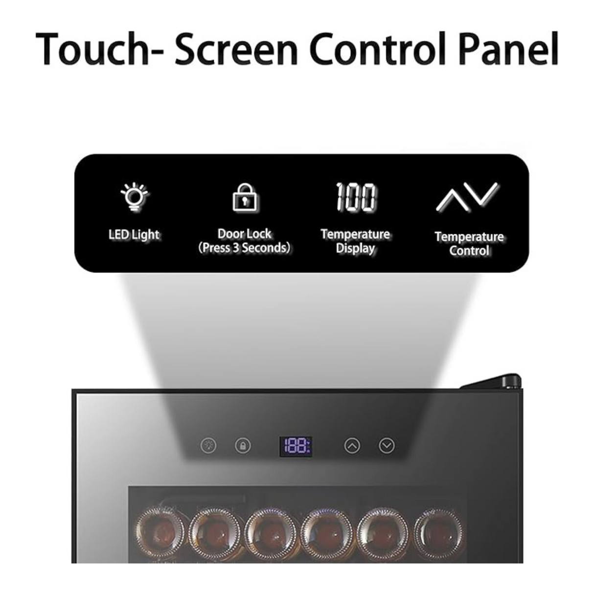 Beverage fridge top panel showing LED light, lock, digital temperature display, and touch controls.