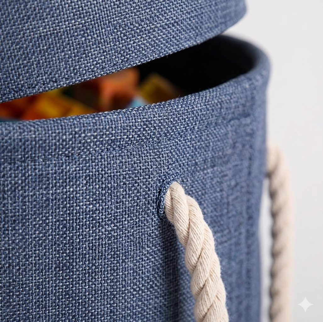 Toy storage basket play mat rope handle and fabric detail close-up