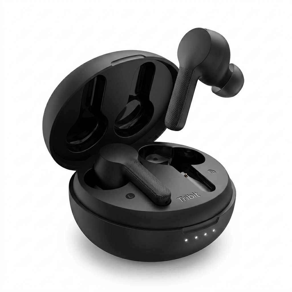 An open Tribit charging case showing one of the earbuds resting in their charging slots and one floating in an angled position