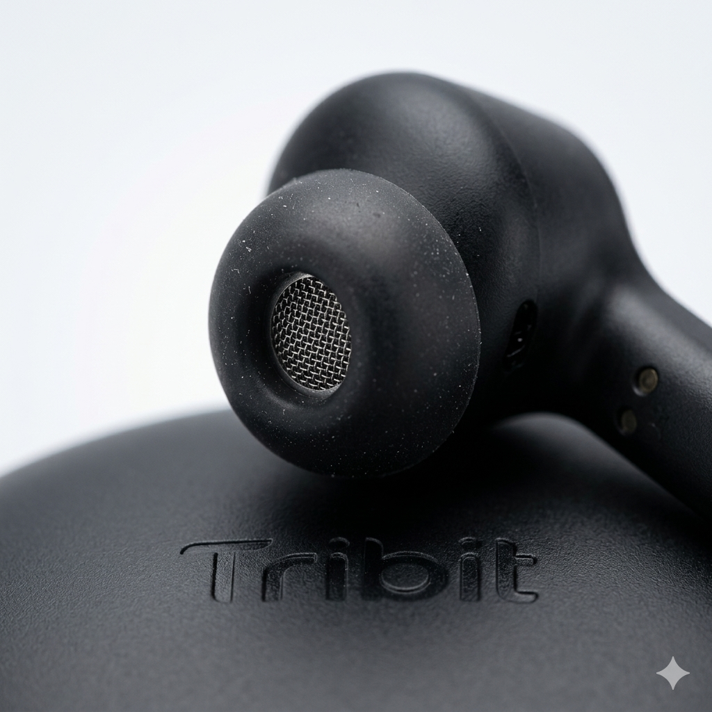 A close-up of a Tribit earbud tip and the embossed logo on the charging case.