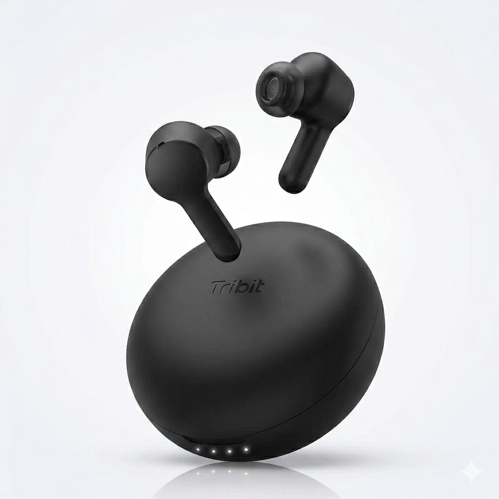 A product shot of the black Tribit true wireless earbuds with the earbuds in a different angle above their matte black charging case against a white background.