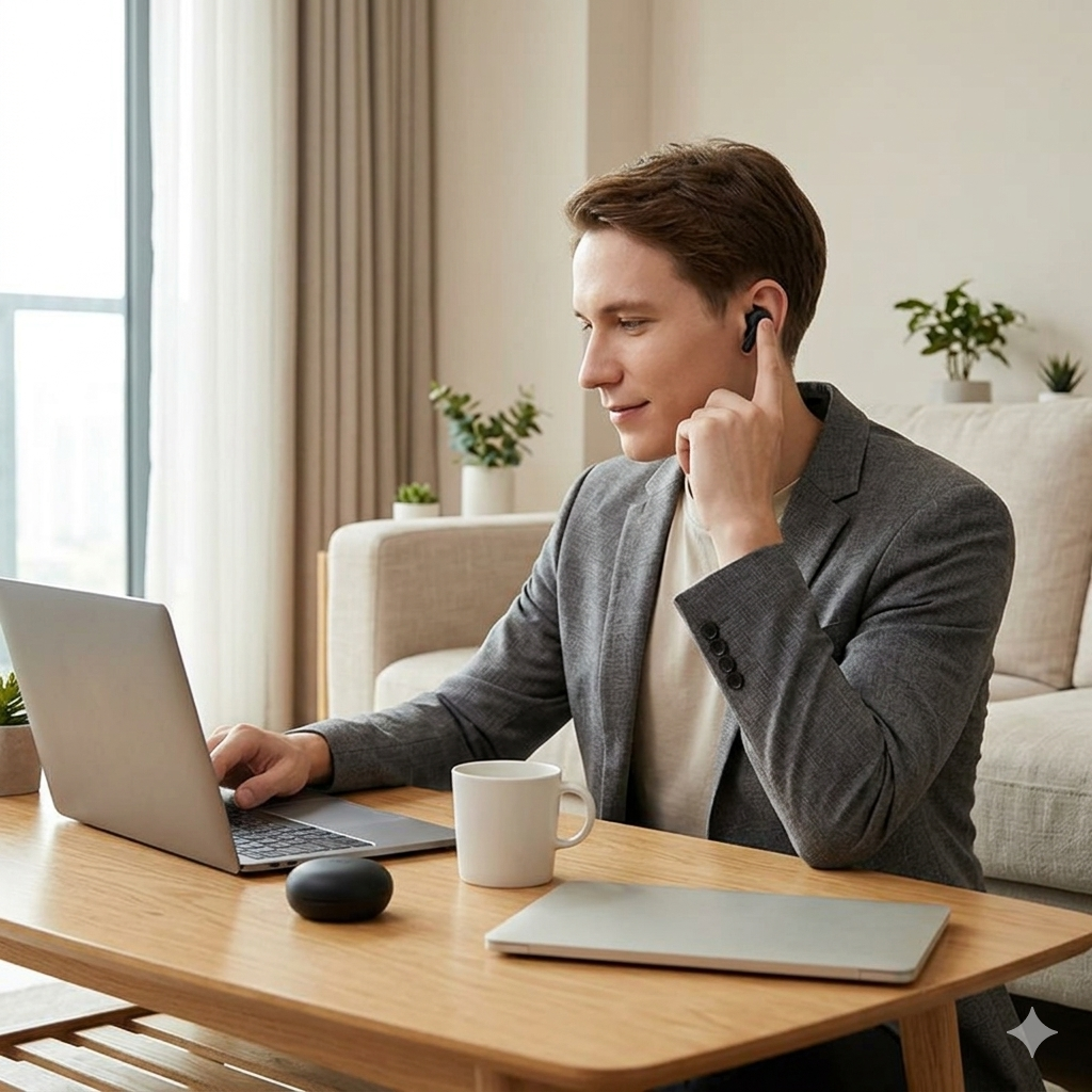 A man wearing Tribit earbuds while working on a laptop in a bright living room.