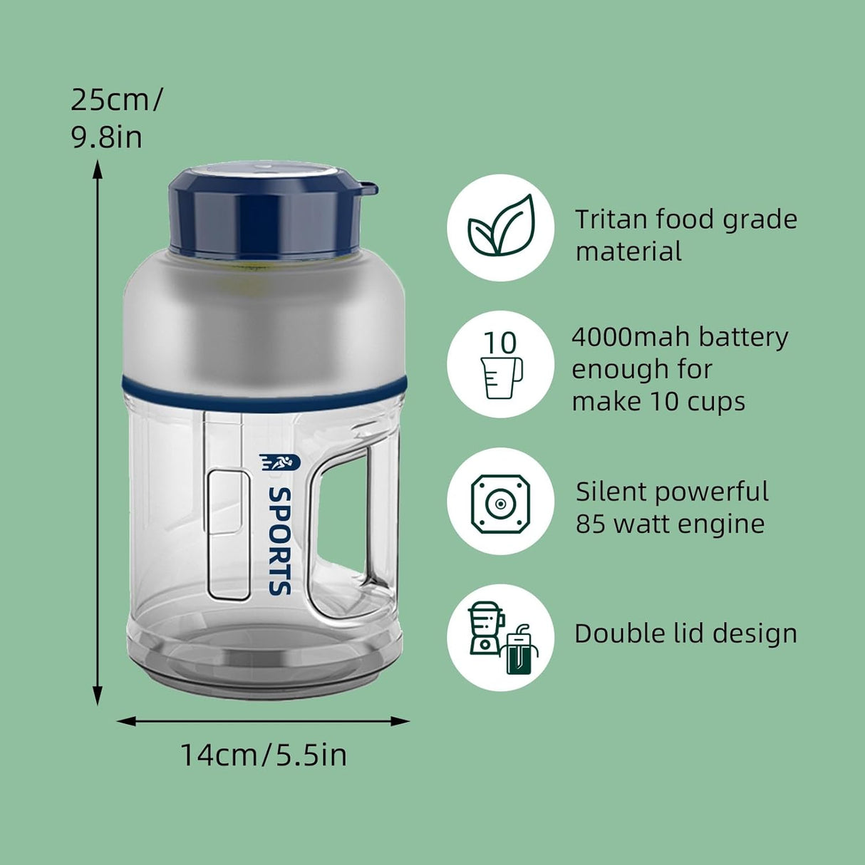 Tritan 2 in 1 BPA Free Portable Blender USB Rechargeable 33.8 oz