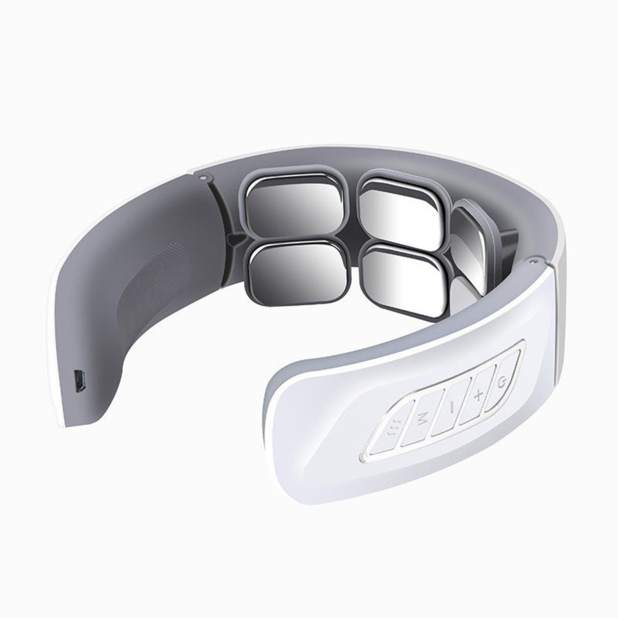 USB rechargeable neck massager with ergonomic U-shape design and metal massage pads. Portable electric neck massager with control buttons.