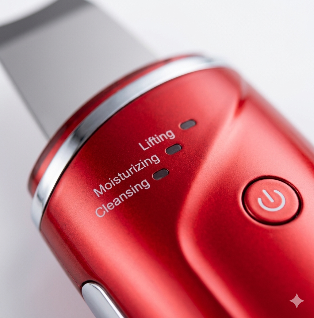 A high-resolution, macro close-up of the red ultrasonic facial cleansing device's control panel. The shot emphasizes the metallic texture and clear mode indicators for cleansing, moisturizing, and lifting.