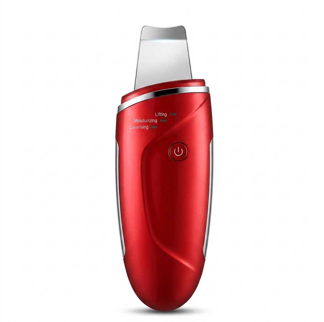 An image of the red ultrasonic facial cleansing device shown without its cap. The sleek metallic finish and stainless steel spatula are displayed clearly against a clean white background.