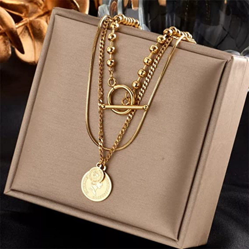 18k Gold Filled Queen Portrait Coin Multi Layered Necklace Stainless Steel