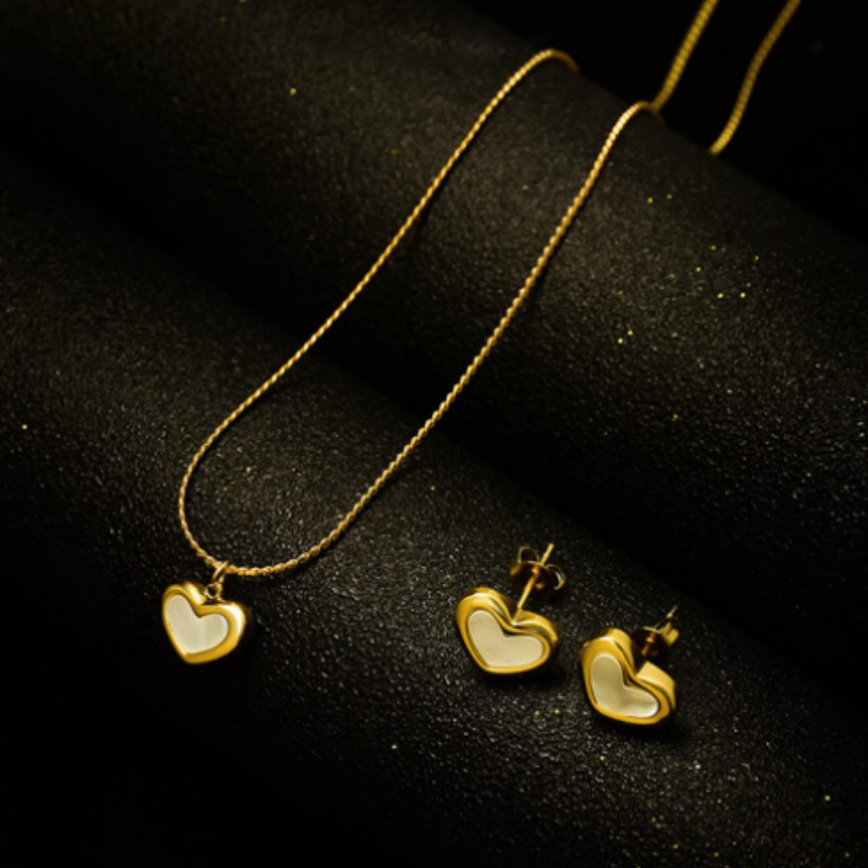 Love Heart Enameled Pendant Necklace and Stud Earrings Stainless Steel