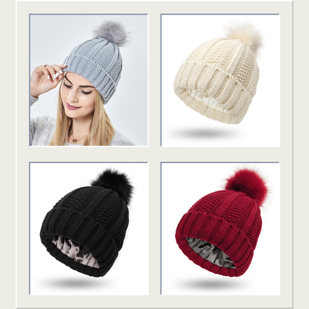 Women's Winter Knitted Beanie Hat Satin Lined with Faux Fur Pom