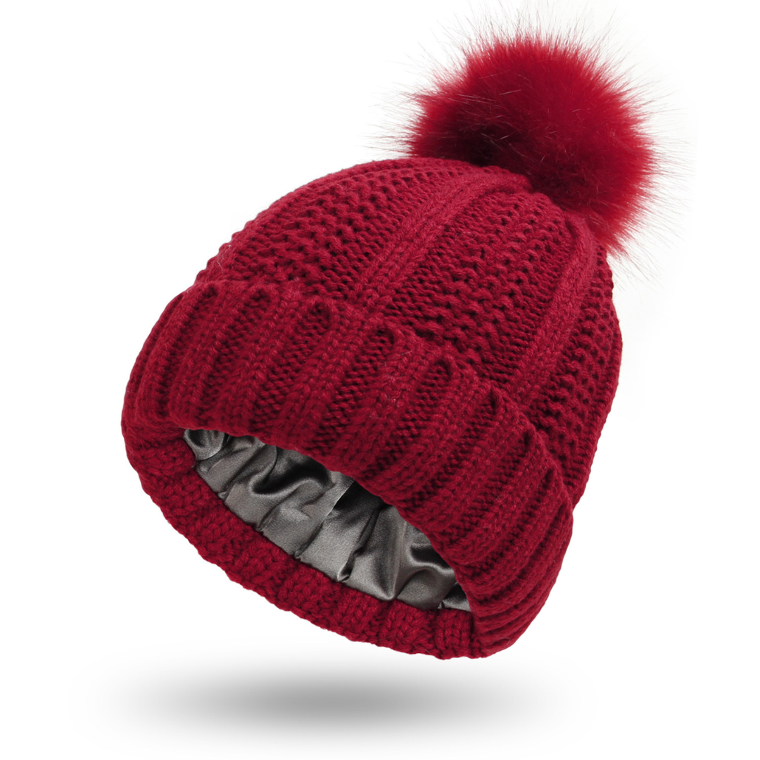 Women's Winter Knitted Beanie Hat Satin Lined with Faux Fur Pom