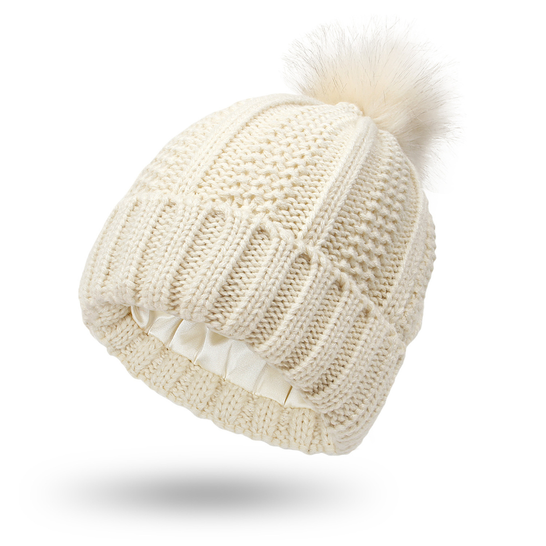 Women's Winter Knitted Beanie Hat Satin Lined with Faux Fur Pom