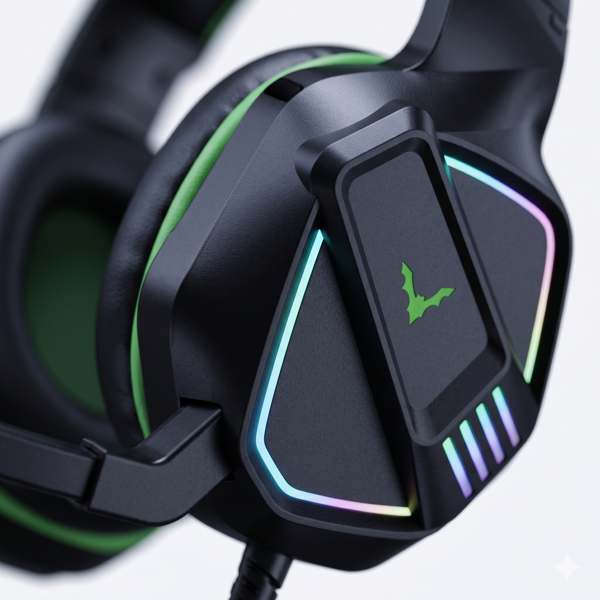 Close-up of Wesdar GH235 headset earcup with RGB light accents