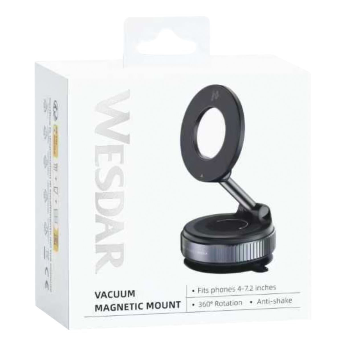Vacuum magnetic phone mount retail box showing product and features. Packaging highlights 360 rotation and anti-shake design.