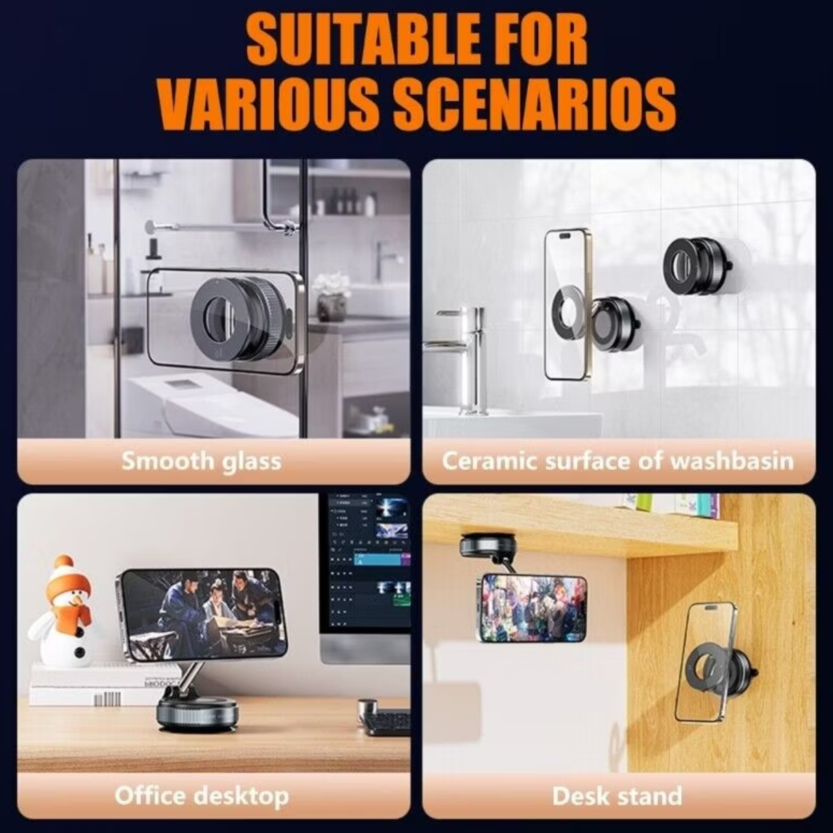 Vacuum magnetic phone mount used on glass, ceramic, and desk surfaces. Versatile phone holder for different environments.