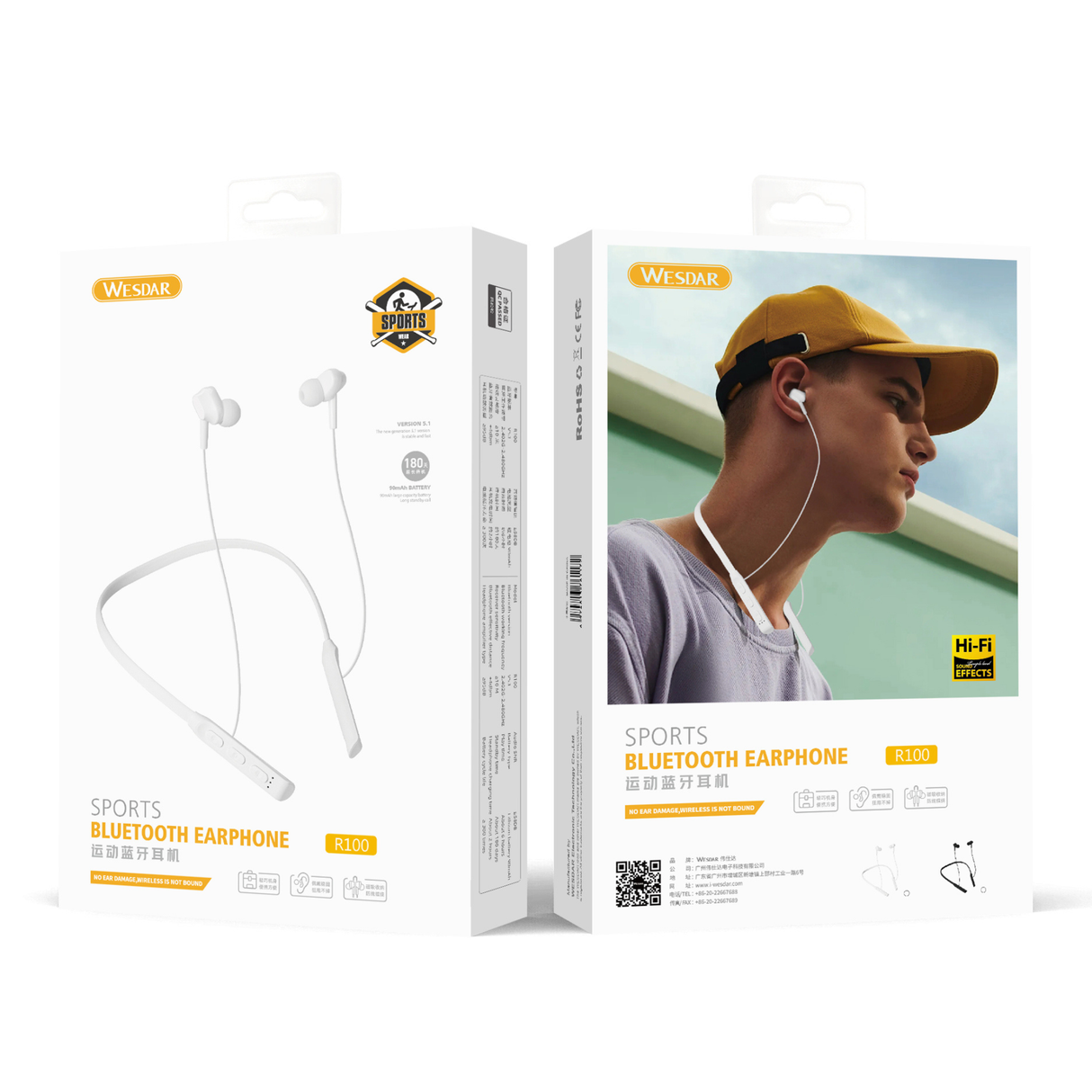 Neckband Bluetooth earphones packaging box with product image and details. Box highlights sports design and Hi-Fi sound quality.