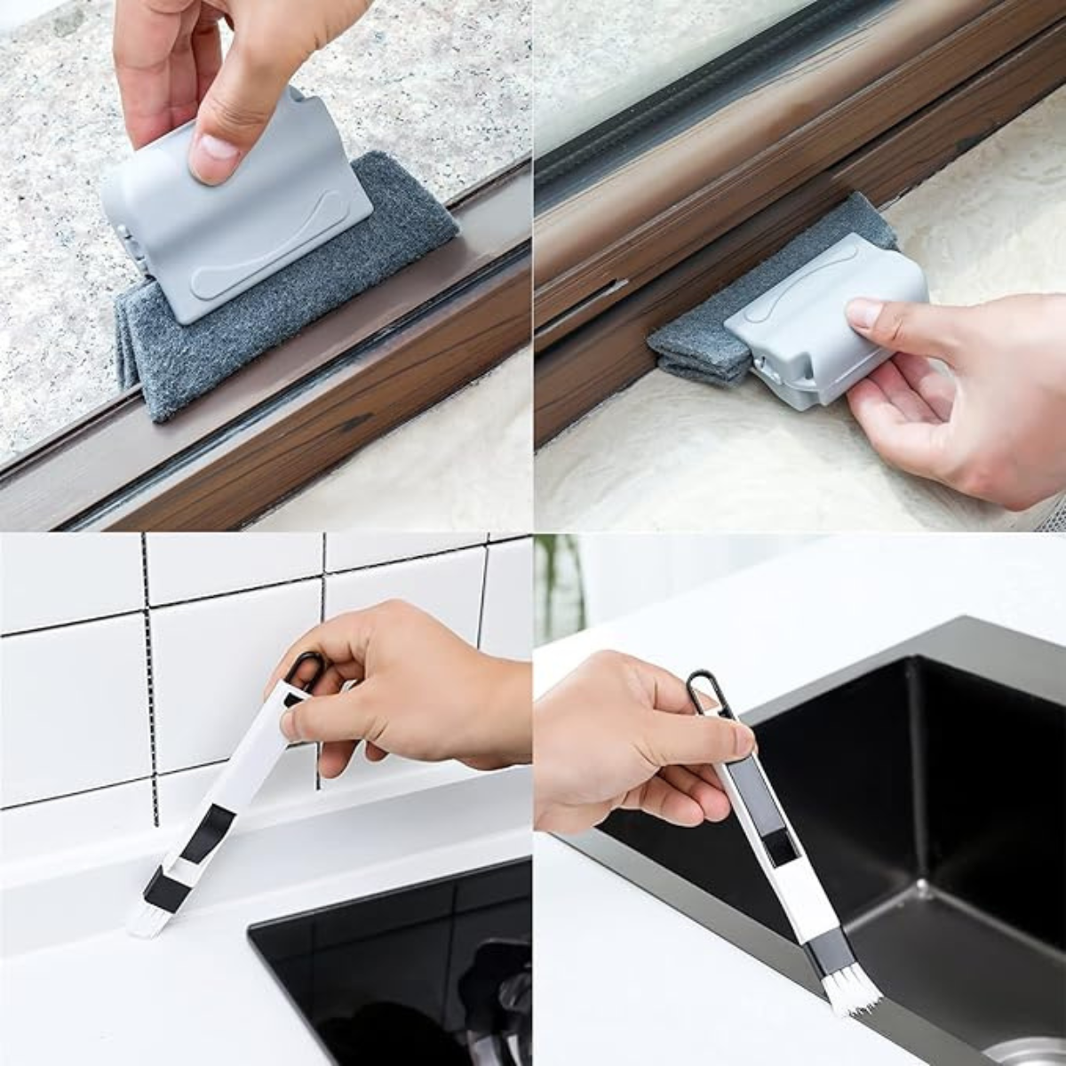 Window groove cleaning brush set used on window tracks, tiles, and sink edges. Versatile tool for removing dust and grime from hard-to-reach areas.