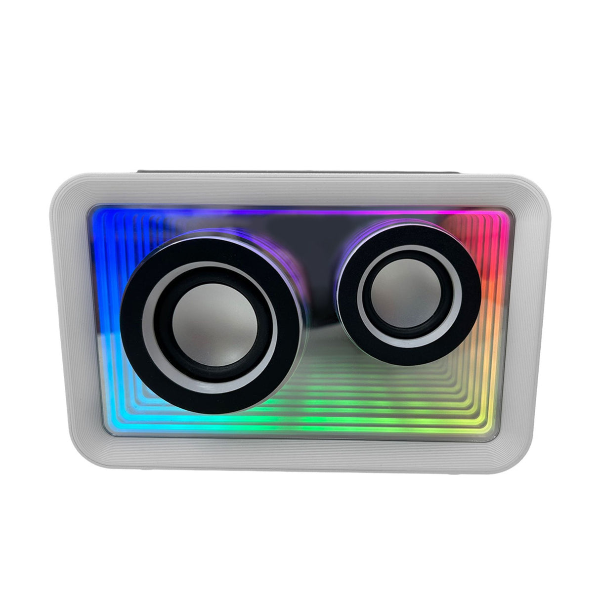 Portable Bluetooth speaker with vibrant RGB light panel and dual speaker layout. Stylish front design with glowing color effects.