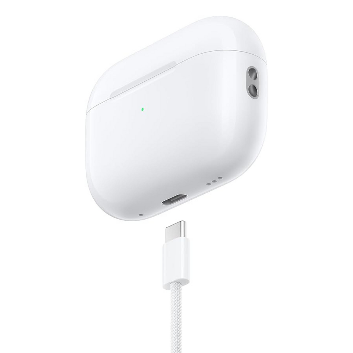 Wireless earbuds charging case with USB-C port, angled side view
