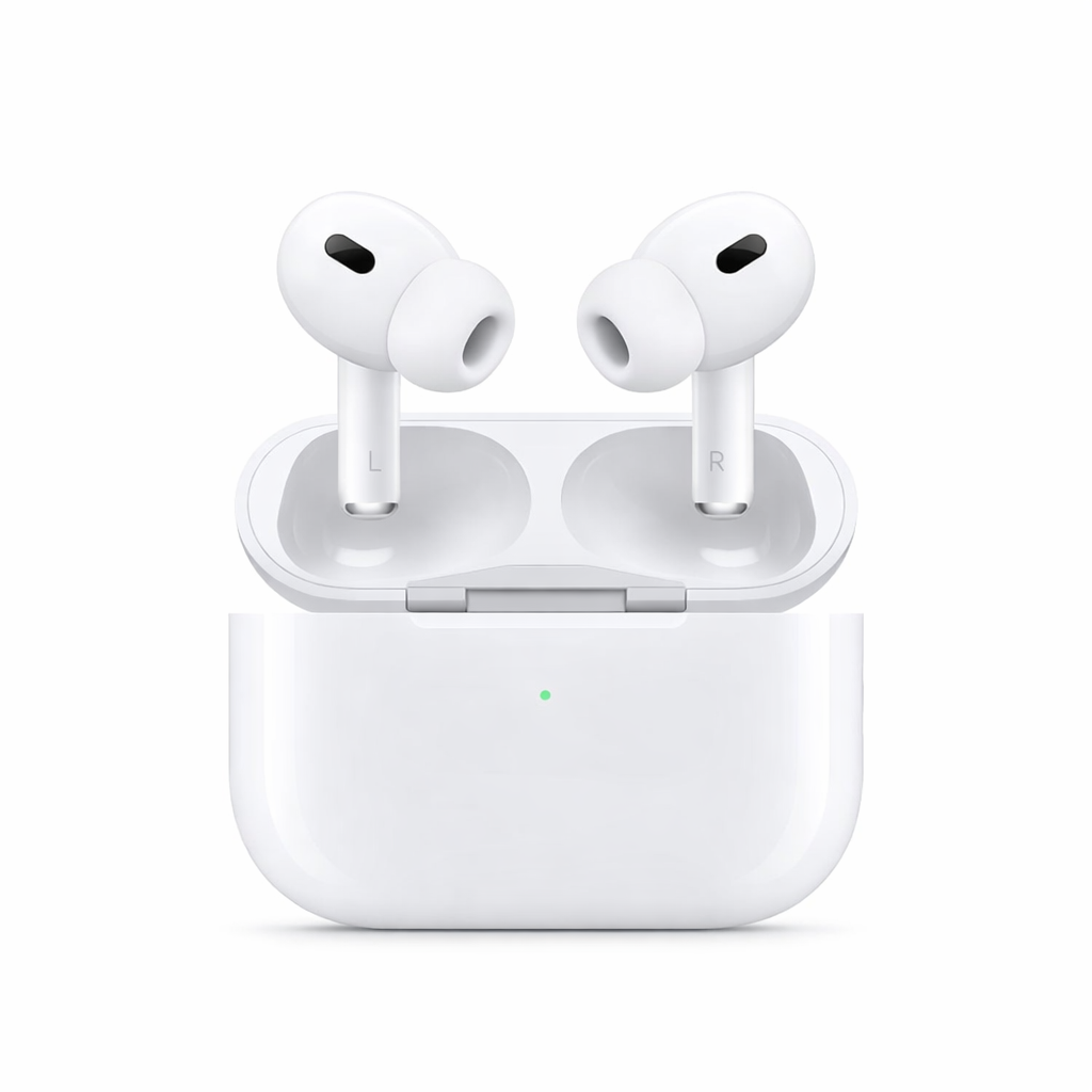 Wireless earbuds in open charging case, clean front view design