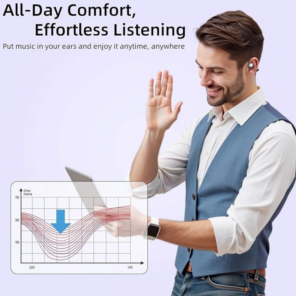 Wireless open ear Bluetooth earbuds used during daily activities, providing all-day comfort and effortless listening experience.
