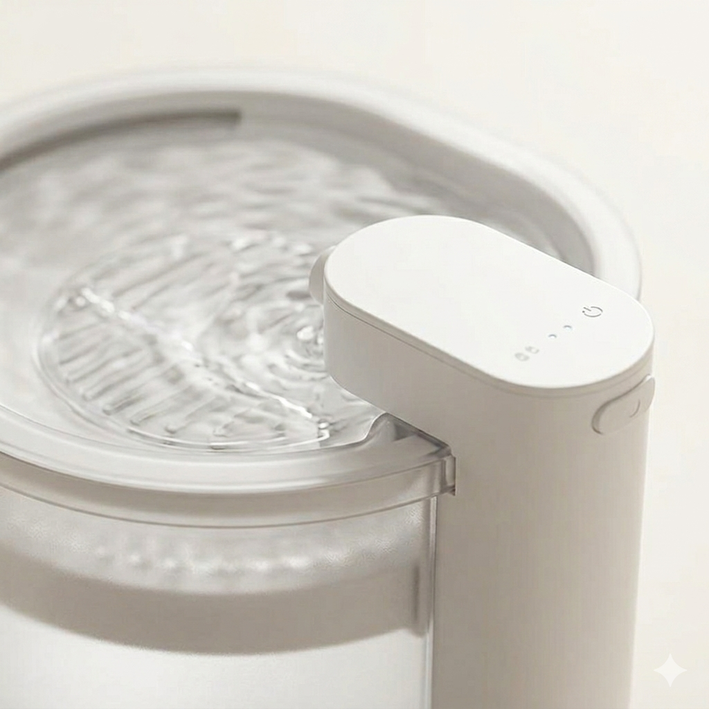 A detailed close-up of a white cat water fountain highlighting its minimalist dispenser and clear rippling water. The soft lighting emphasizes the product's high-quality materials and clean design.