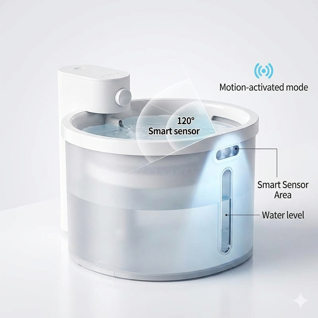 A smart cat water fountain showcasing a 120∘ motion-activated sensor and a clear water level window. The diagram highlights the intelligent sensing area on a sleek, semi-transparent 2L tank.