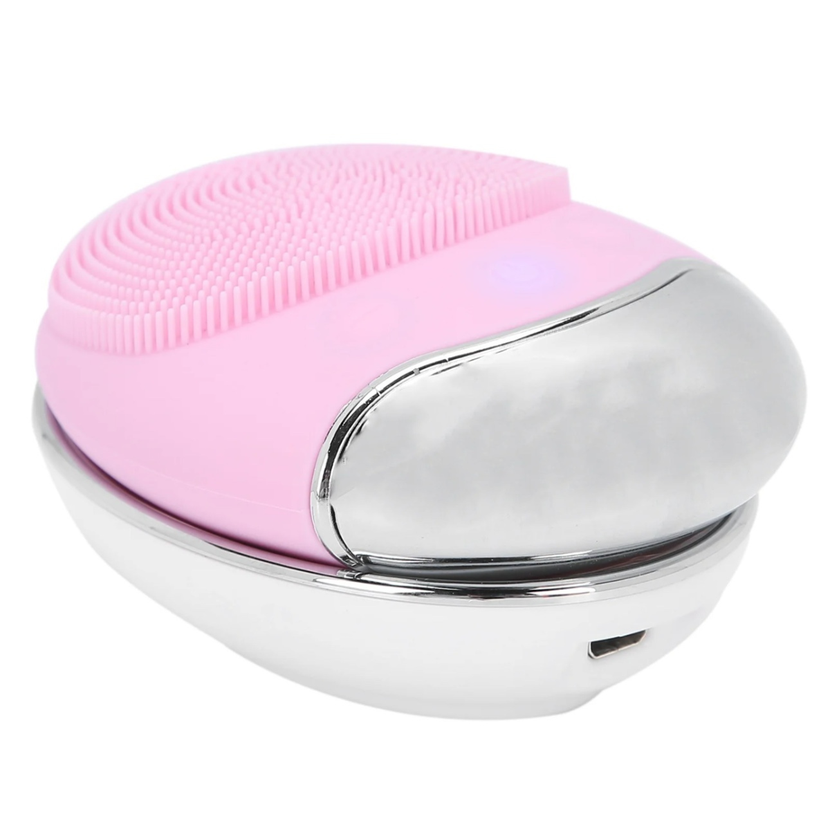 Close-up of wireless silicone facial cleansing brush with textured bristles and smooth grip. Ergonomic design fits comfortably in hand.